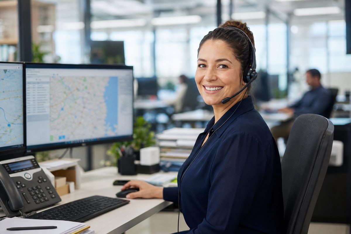 A friendly logistics dispatcher working at a desk