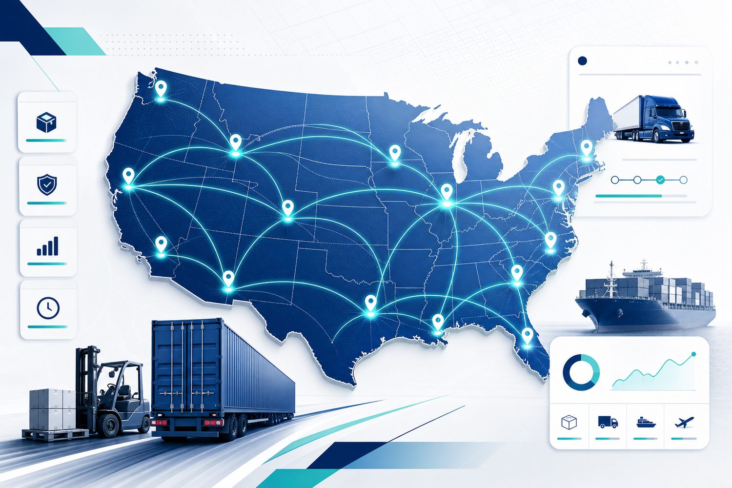 US route map with delivery pins