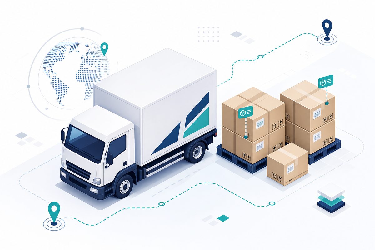 Truck with securely stacked labeled crates