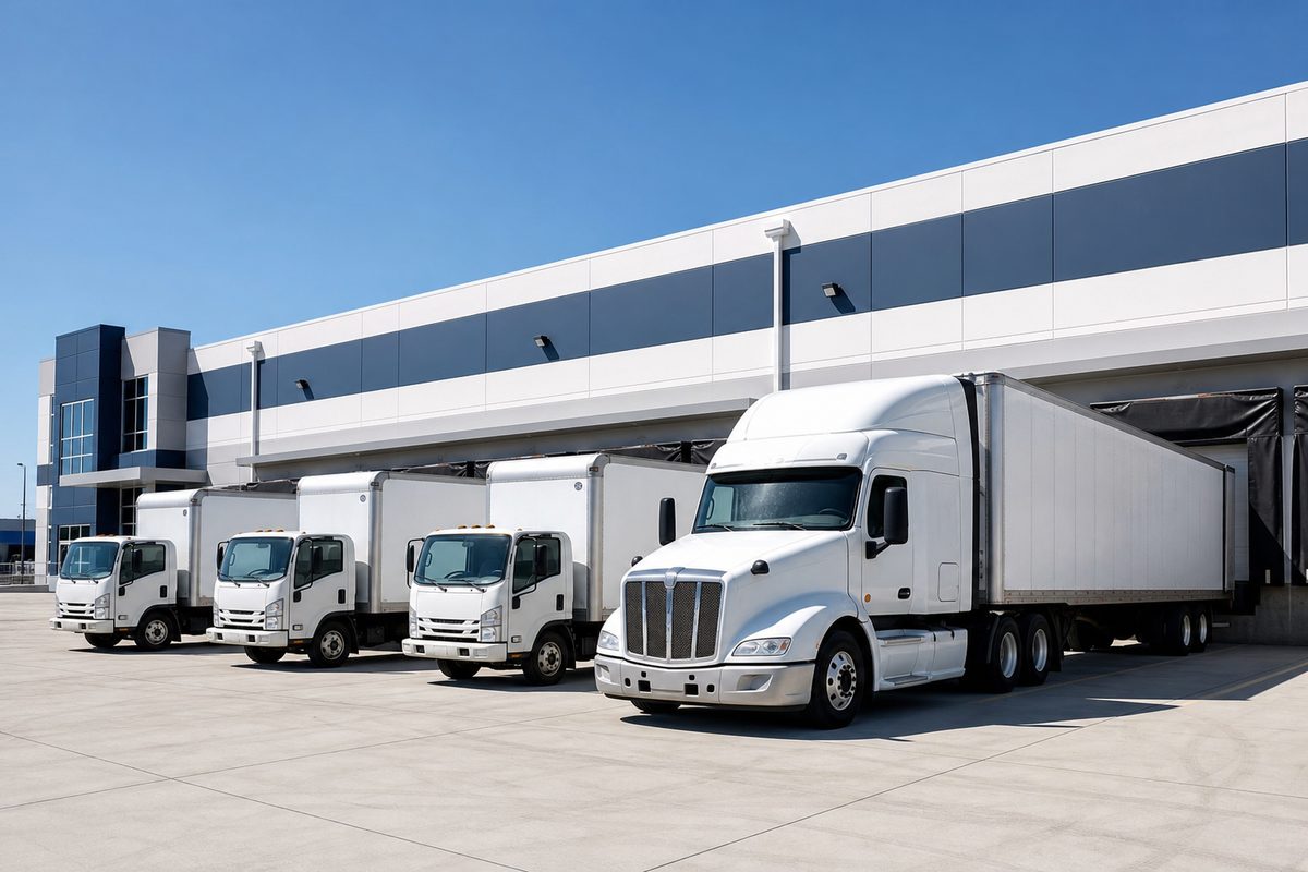 Box trucks and a semi-trailer at a modern loading dock