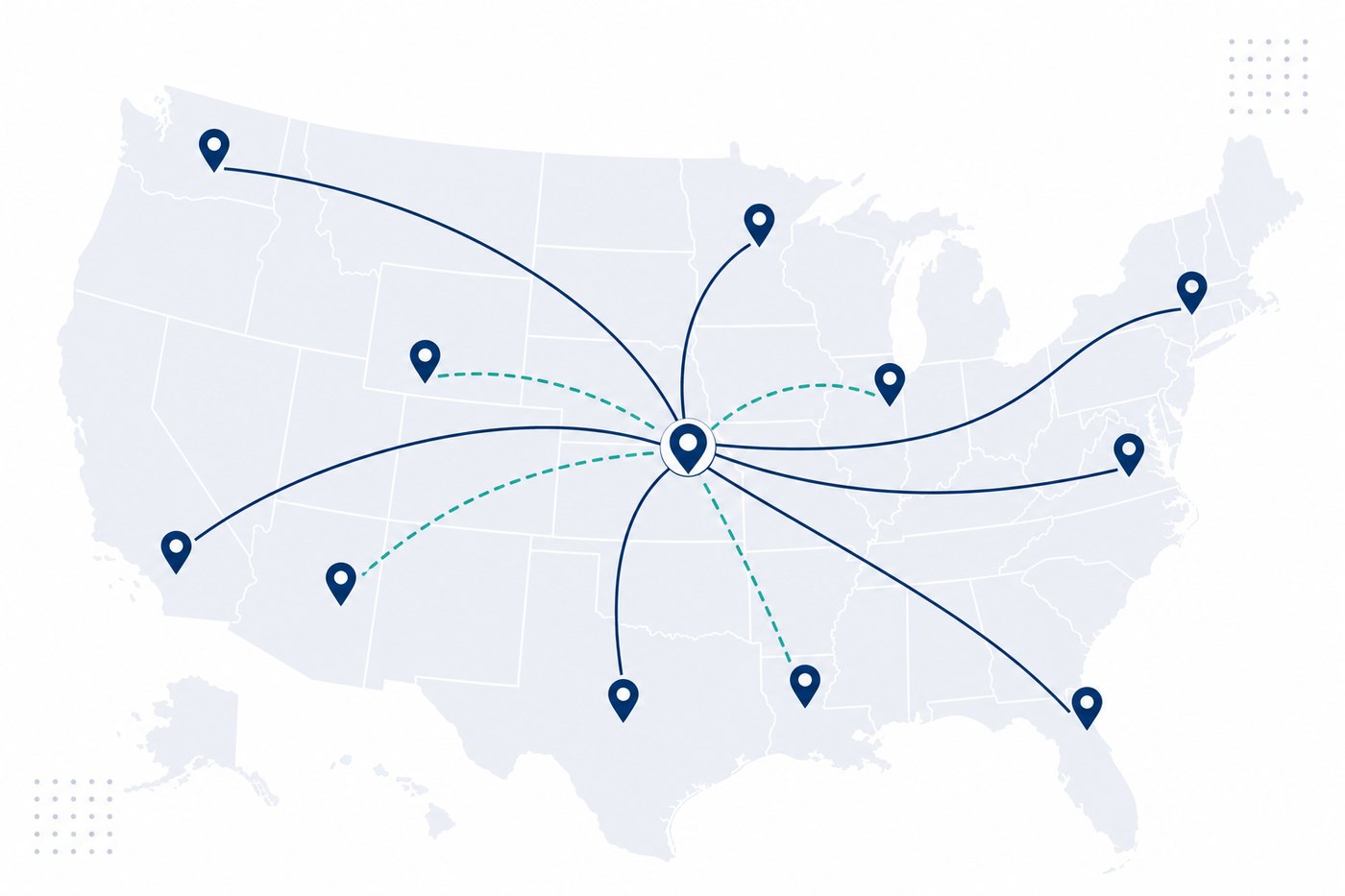 US coverage map with routes and pins